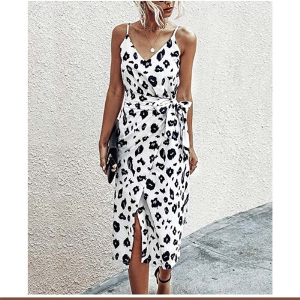 White Leopard Tie Waist Midi Dress